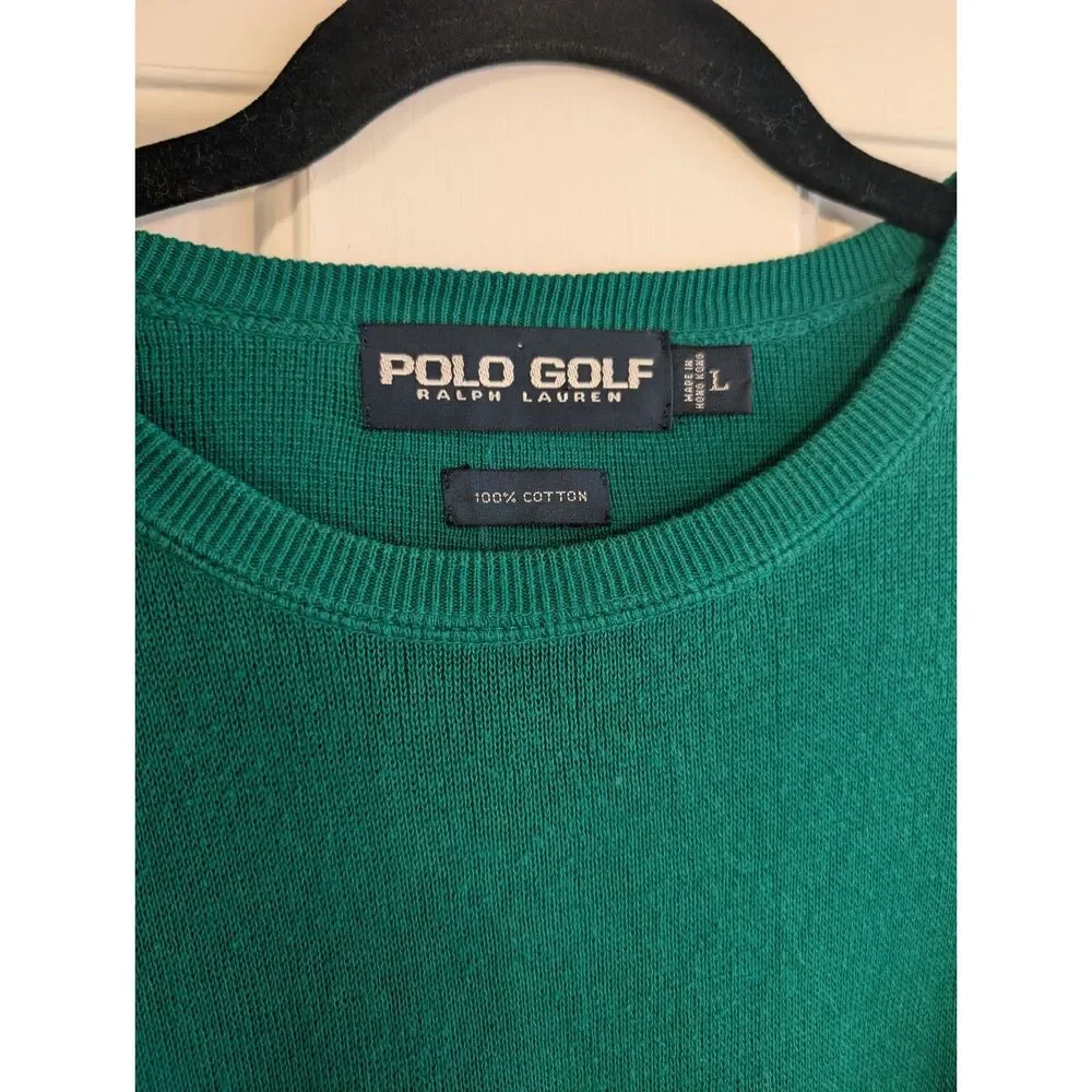 Vintage Polo Golf Ralph Lauren Men's Large Green Crest Crewneck Sweater